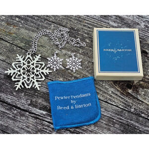 Reed & Barton Pewter 2 3/4" SNOWFLAKE Pendant 24" Necklace & Avon Earrings 1"